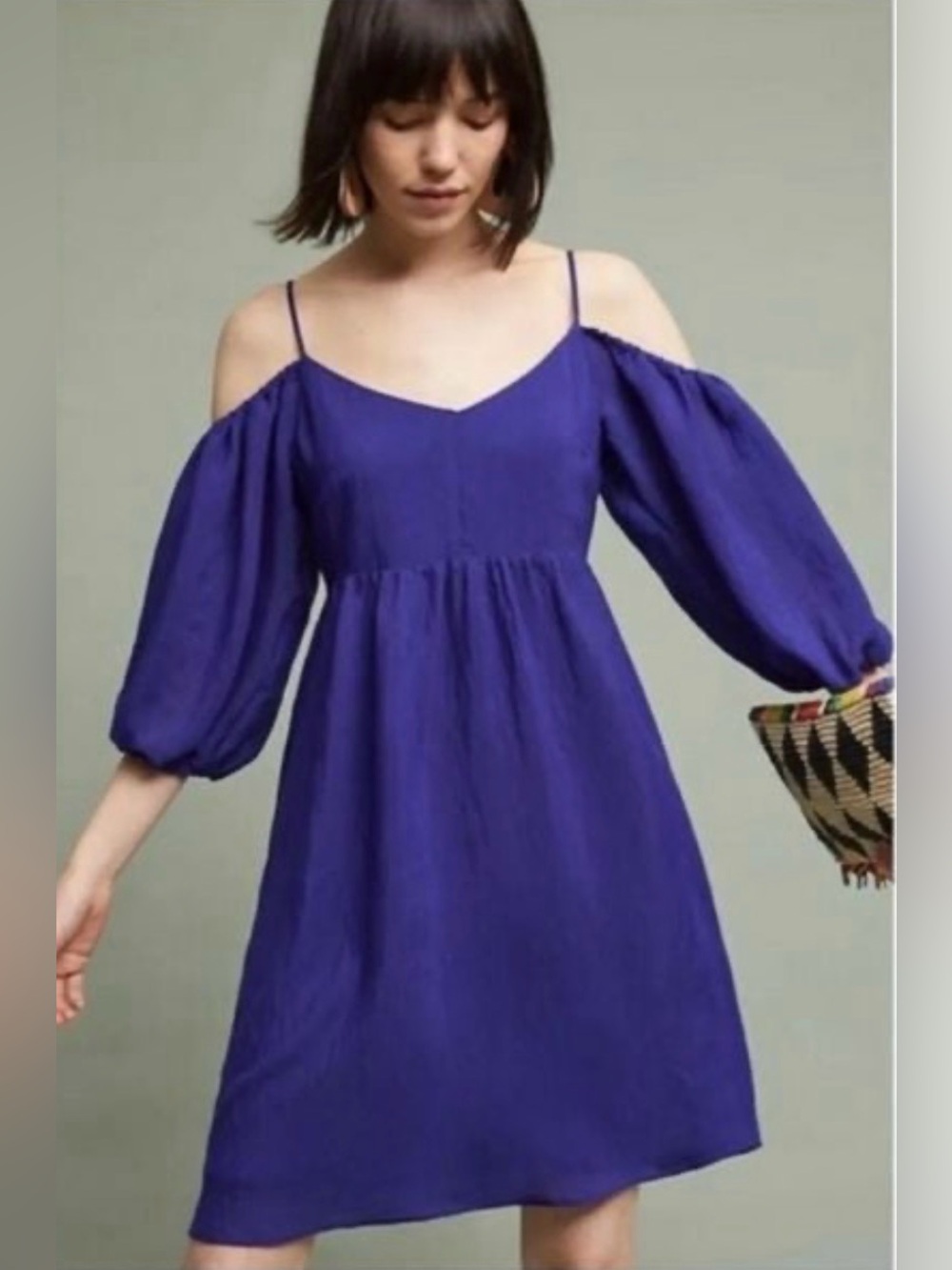 Anthro Moulinette Soeurs Cobalt Blue Babydoll Dress S Cold Shoulder Puff Sleeve